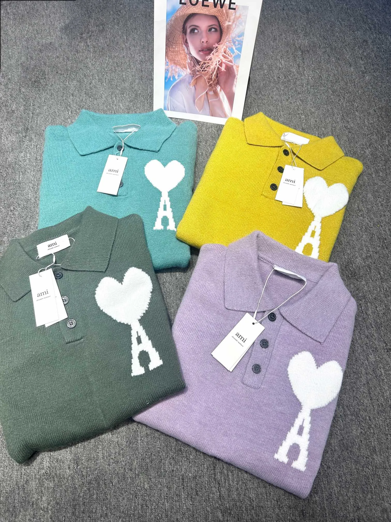🅿️220 AW12# #Amiparis autumn and winter knitted polo versatile sweater for men and women Size: S M L XL Color: Yellow Purple Military Green Grass Green