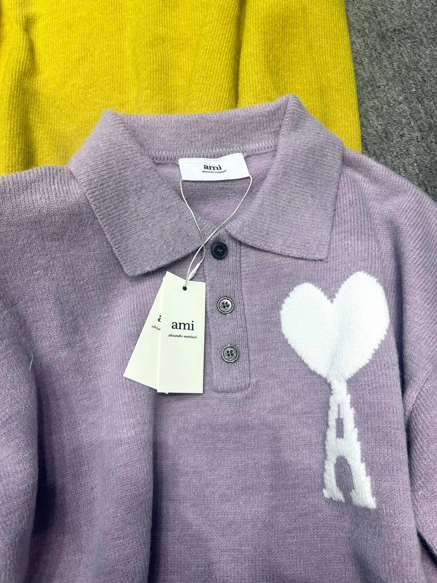 🅿️220 AW12# #Amiparis autumn and winter knitted polo versatile sweater for men and women Size: S M L XL Color: Yellow Purple Military Green Grass Green