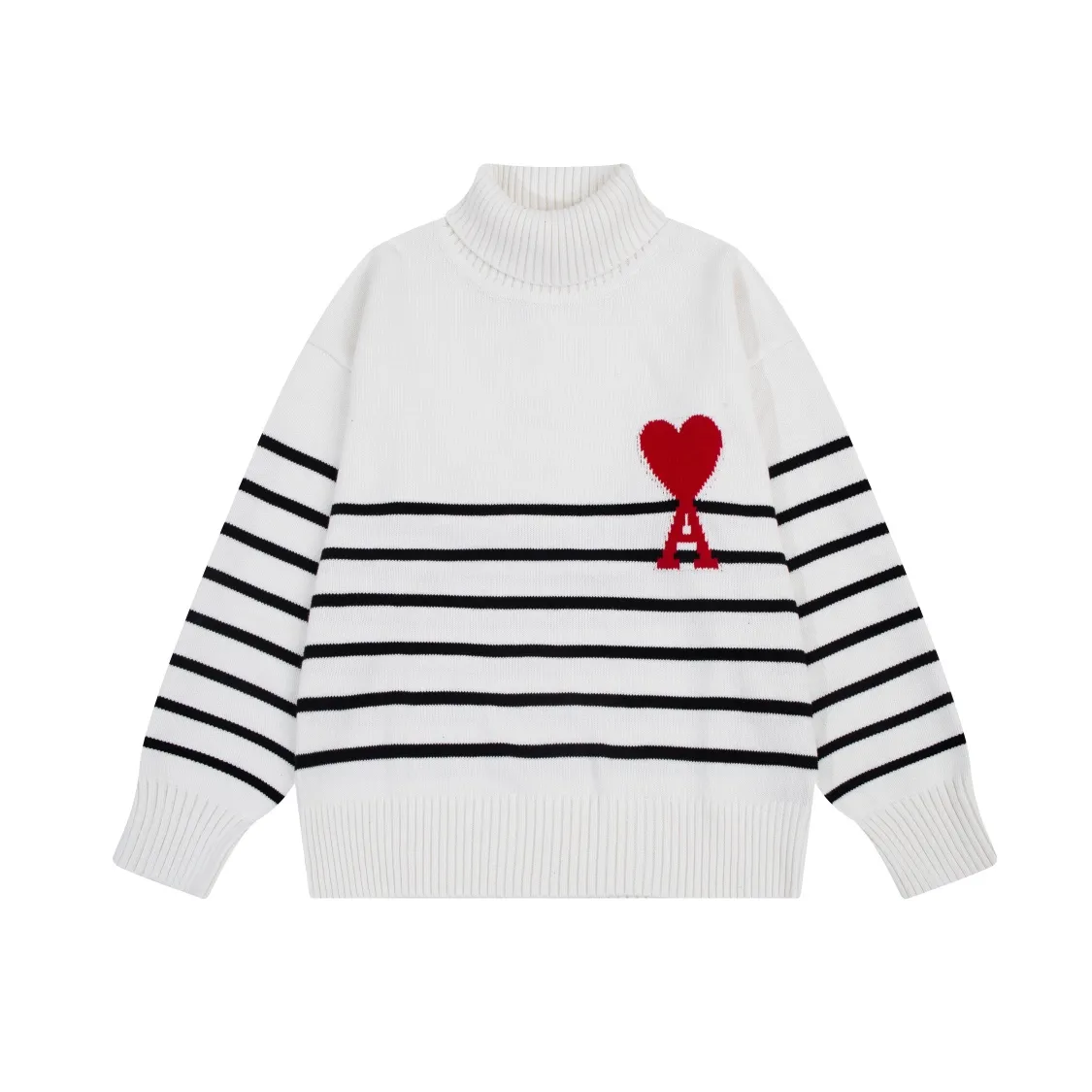 P190 CYA63# AMI Paris 22 autumn and winter new Ami de Coeur love stripe classic turtleneck sweater for men and women Color: Black White Size: S-XL