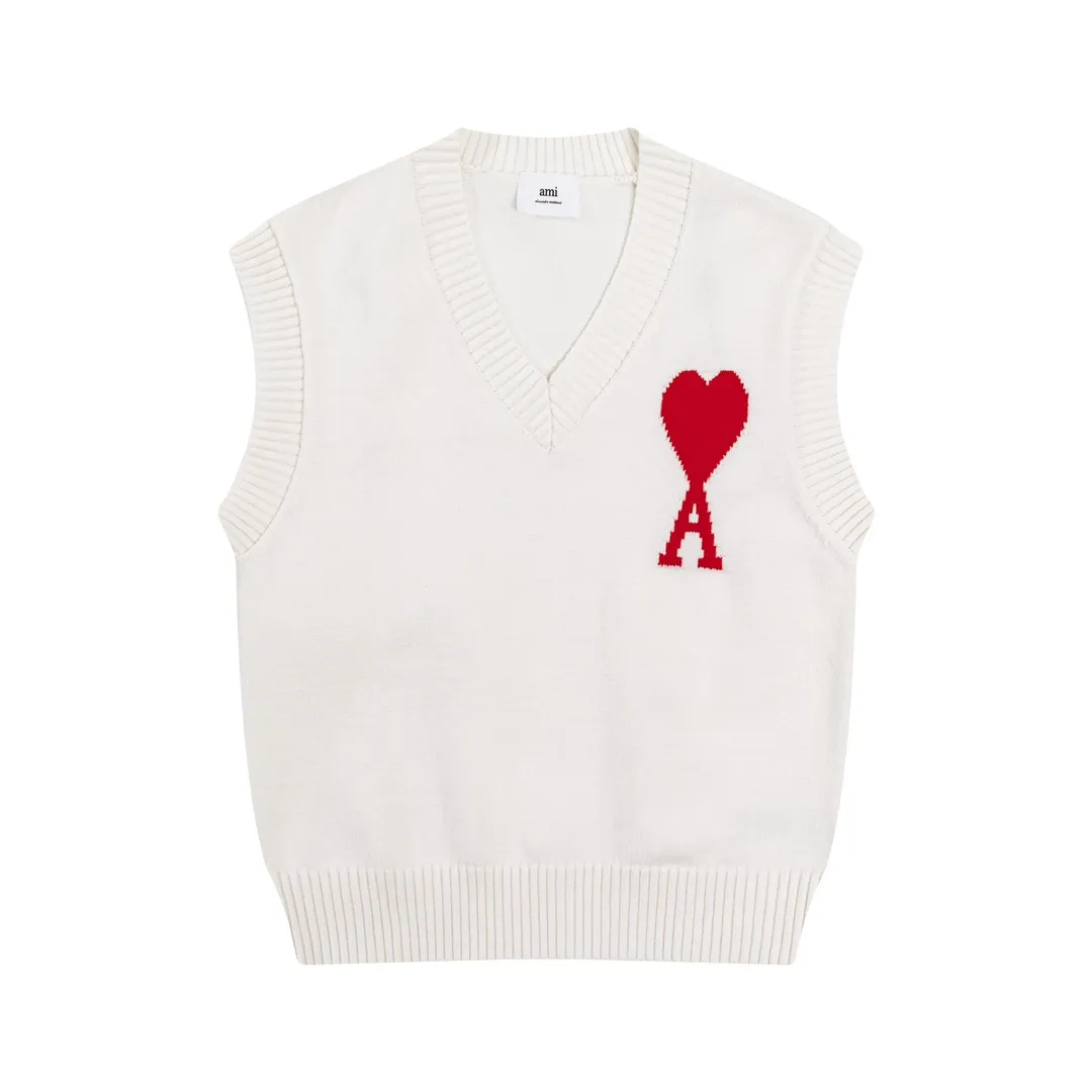CYA59# Ami Alexander Mattiussi22 new autumn and winter style red love letter V-neck sleeveless sweater vest, same style for men and women. Color: black white gray rose red bright red sapphire blue gray black heart Size: S-XL