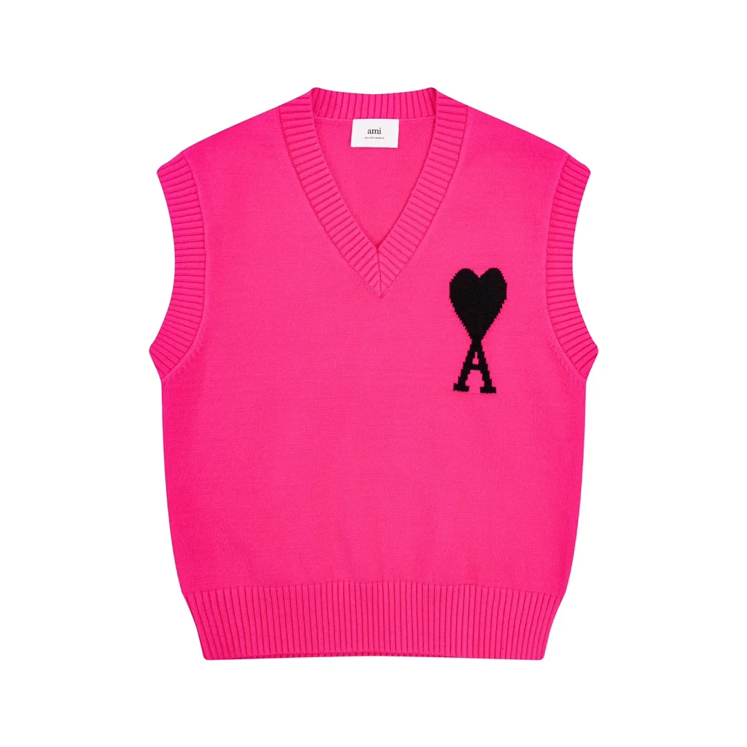 CYA59# Ami Alexander Mattiussi22 new autumn and winter style red love letter V-neck sleeveless sweater vest, same style for men and women. Color: black white gray rose red bright red sapphire blue gray black heart Size: S-XL
