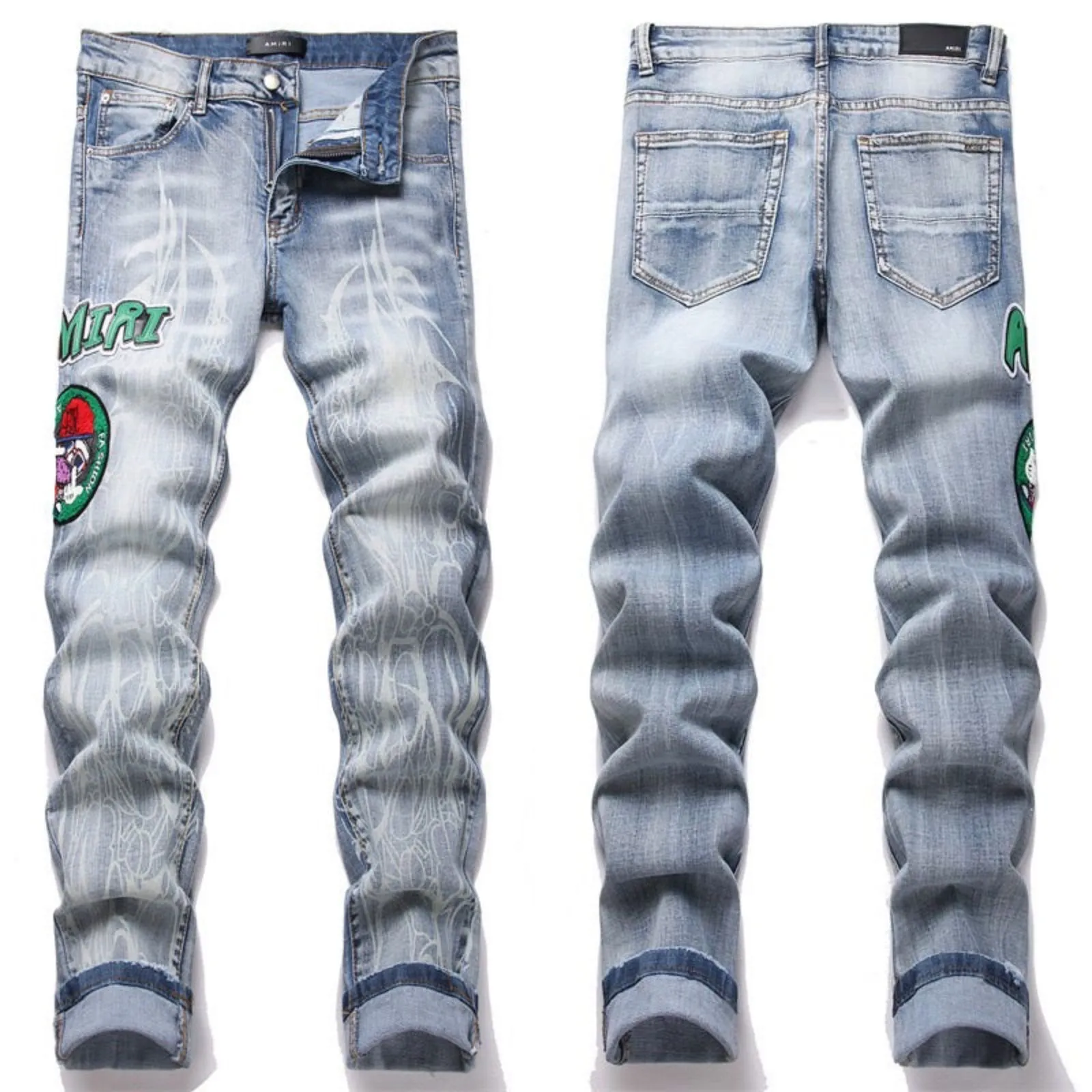 #M54 P168💰 AMIRI patch embroidery jeans trousers AMIRI high street basic ripped tight elastic jeans trousers amiri brand jeans break the production process and cutting of the original jeans, the fabrics are softer and more comfortable Hand-sewn collar label Customized logo buttons Genuine leather tag Color: Picture color Size: 30-32-34-36