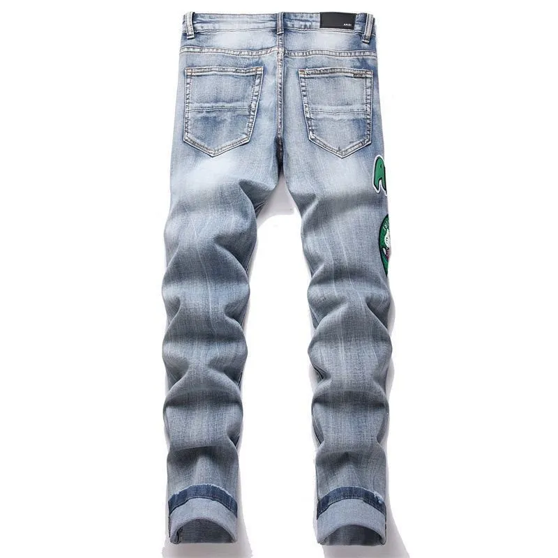 #M54 P168💰 AMIRI patch embroidery jeans trousers AMIRI high street basic ripped tight elastic jeans trousers amiri brand jeans break the production process and cutting of the original jeans, the fabrics are softer and more comfortable Hand-sewn collar label Customized logo buttons Genuine leather tag Color: Picture color Size: 30-32-34-36