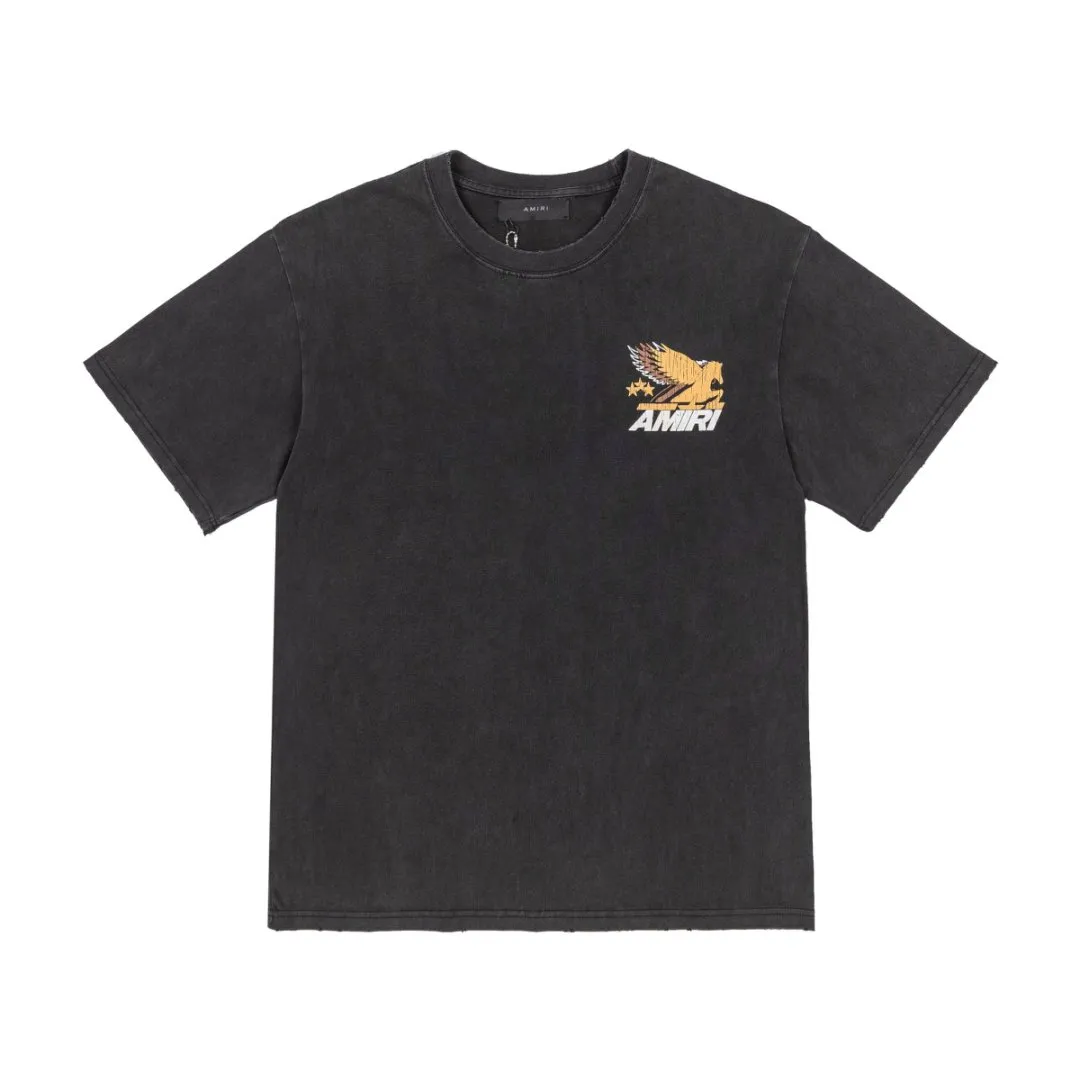 8046#P170, AMIRI cracked logo printed, washed, frayed and fried, loose version of T-shirt, made of 300g heavy fabric, color: black, size: S M L XL