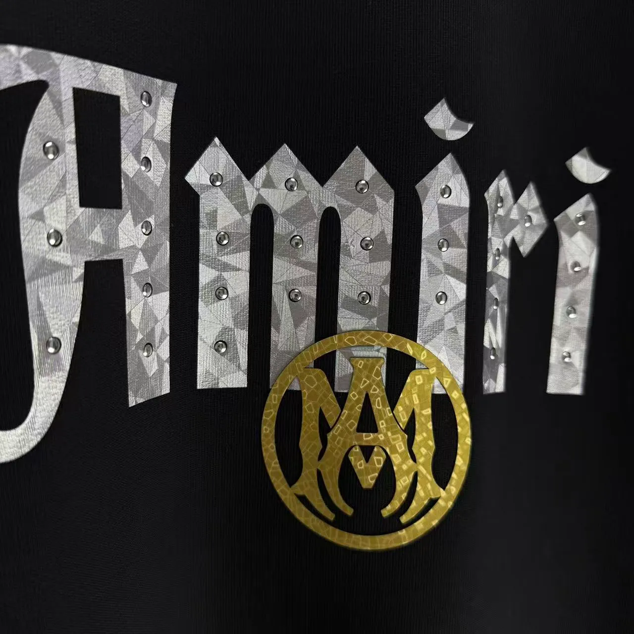 P210 AMIRI* 2025 autumn and winter new round neck sweatshirt 400g terry cotton letter logo three-dimensional thick plate glue ➕ metal diamond Color: Black White Gray Purple Size: S M L XL XXL