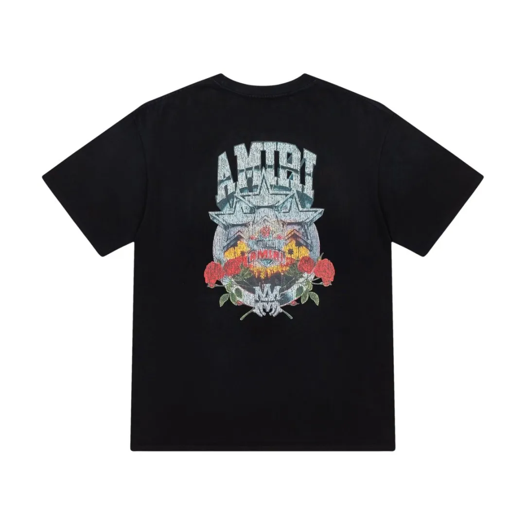 8045#P164, AMIRI badge logo, digital direct-printed washed loose T-shirt, made of 300g heavy fabric, color: black, size: S M L XL