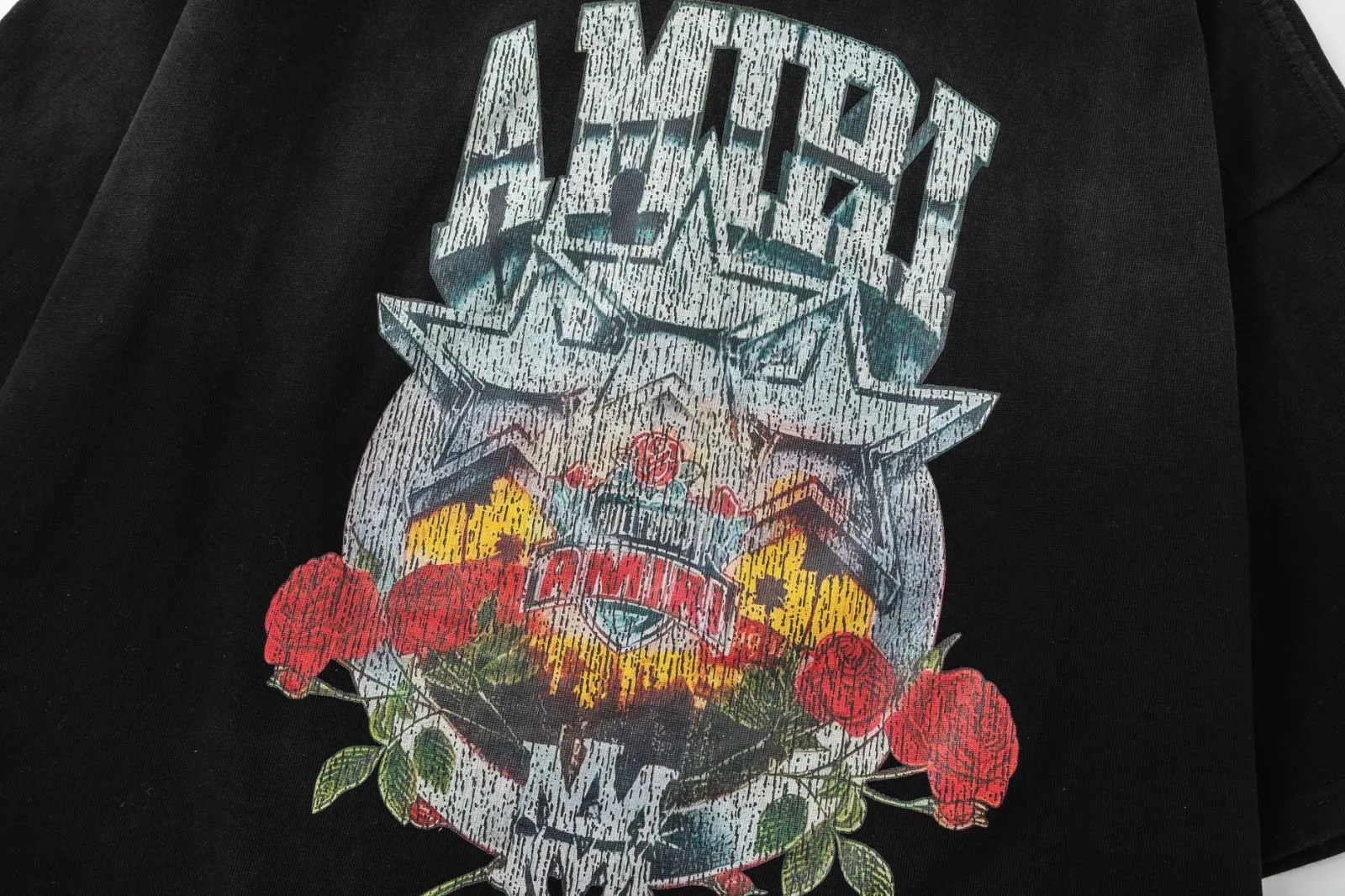 8045#P164, AMIRI badge logo, digital direct-printed washed loose T-shirt, made of 300g heavy fabric, color: black, size: S M L XL