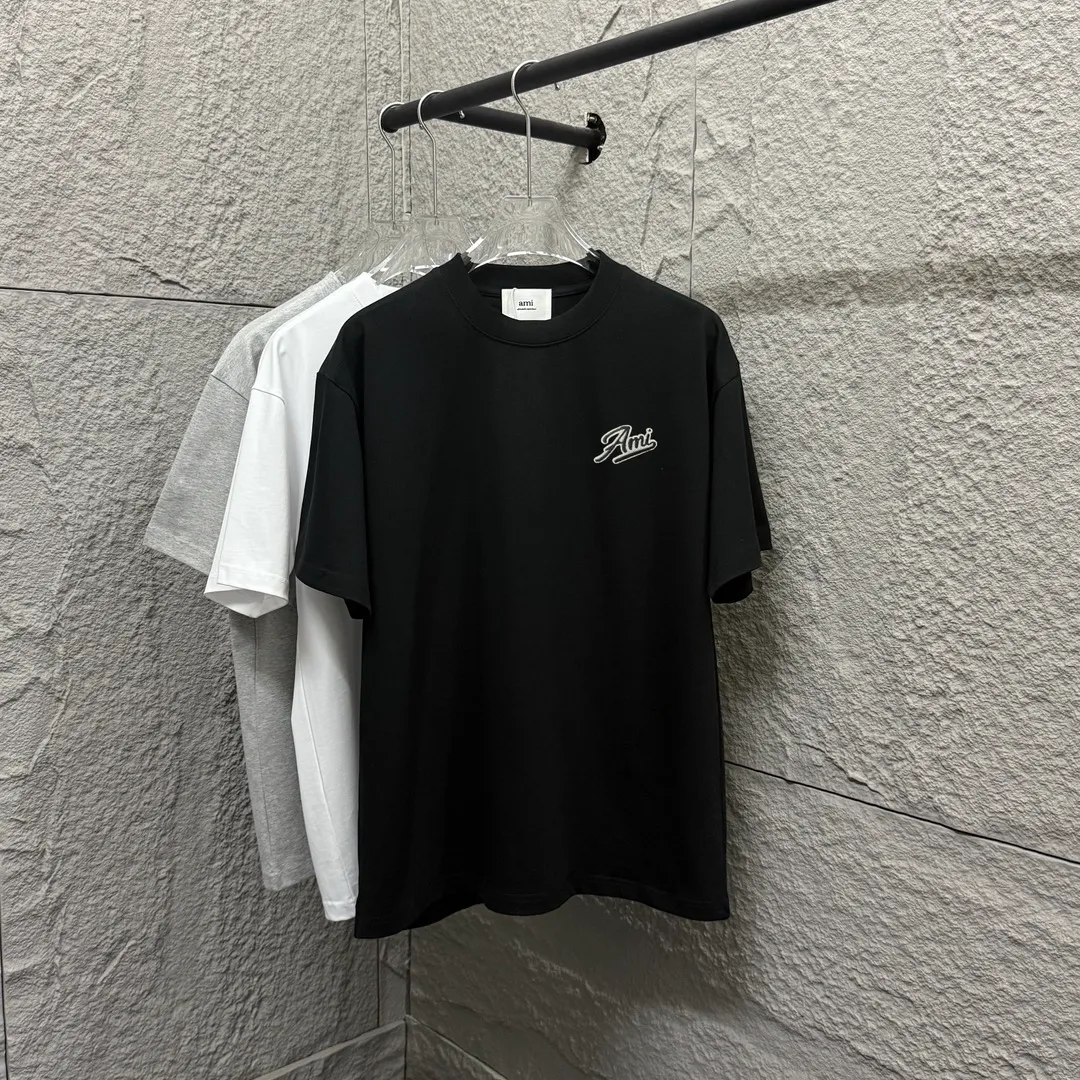 🅿️180 Ami* 2025 spring and summer new style Ami letter embroidery customized double yarn plain cotton fabric short-sleeved T-shirt for men and women Color: black white floral gray Size: S (90-130 pounds) M (120-150 pounds) L (140-165 pounds) XL (160-180 pounds) XXL (180-210 pounds)