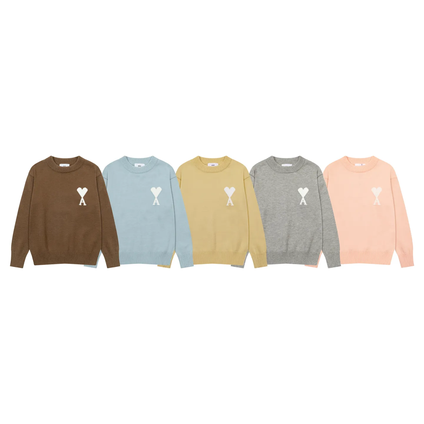 8203# Ami Paris2025 [New product for autumn and winter] White love jacquard ADC alpaca blended loose sweater round neck pullover sweater, same style for men and women, Oversize version Color: Brown Blue Light Gray Light Yellow Light Pink Size: S-XL