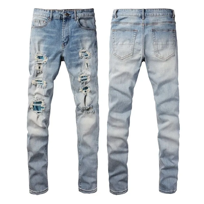 P168 💰 AMIRI patch embroidery jeans trousers AMIRI high street basic ripped tight elastic jeans trousers amiri brand jeans break the production process and cutting of the original jeans, the fabrics are softer and more comfortable Hand-sewn collar label Customized logo buttons Genuine leather tag Color: Picture color Size: 30-32-34-36