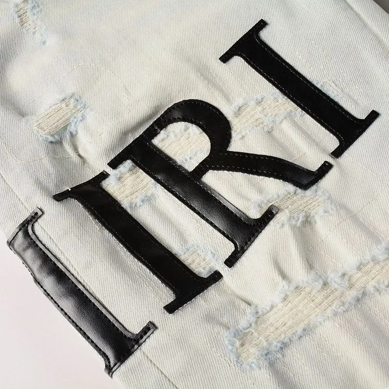 P168 💰 AMIRI patch embroidery jeans trousers AMIRI high street basic ripped tight elastic jeans trousers amiri brand jeans break the production process and cutting of the original jeans, the fabrics are softer and more comfortable Hand-sewn collar label Customized logo buttons Genuine leather tag Color: Picture color Size: 30-32-34-36