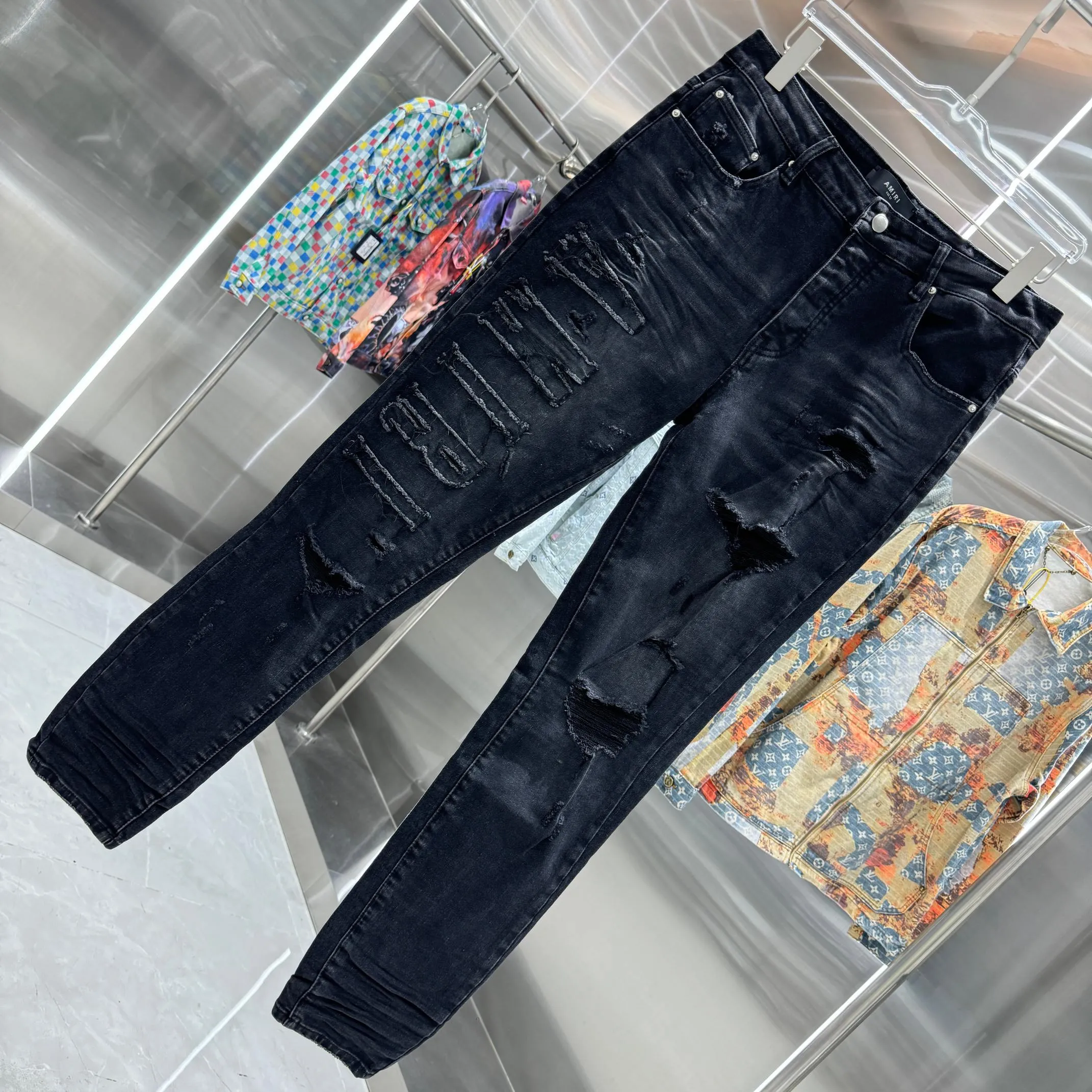 P290 Amiri ripped craft street fashion slim fit stretch jeans Color Black Size 30 32 34 36 38