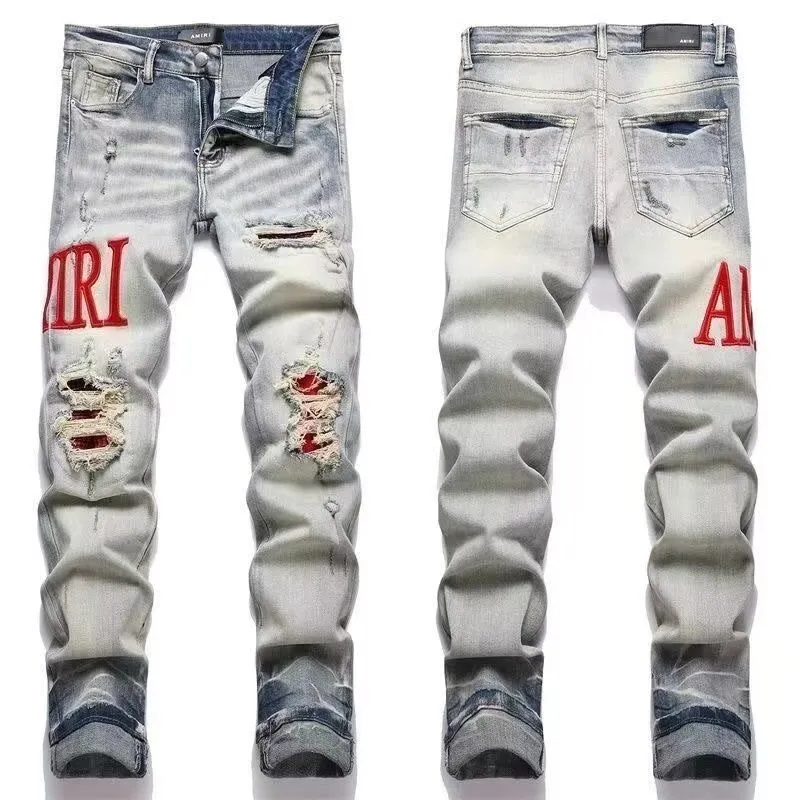 #M07 P168💰 AMIRI patch embroidery jeans trousers AMIRI high street basic ripped tight elastic jeans trousers amiri brand jeans break the production process and cutting of the original jeans, the fabrics are softer and more comfortable Hand-sewn collar label Customized logo buttons Genuine leather tag Color: Picture color Size: 30-32-34-36