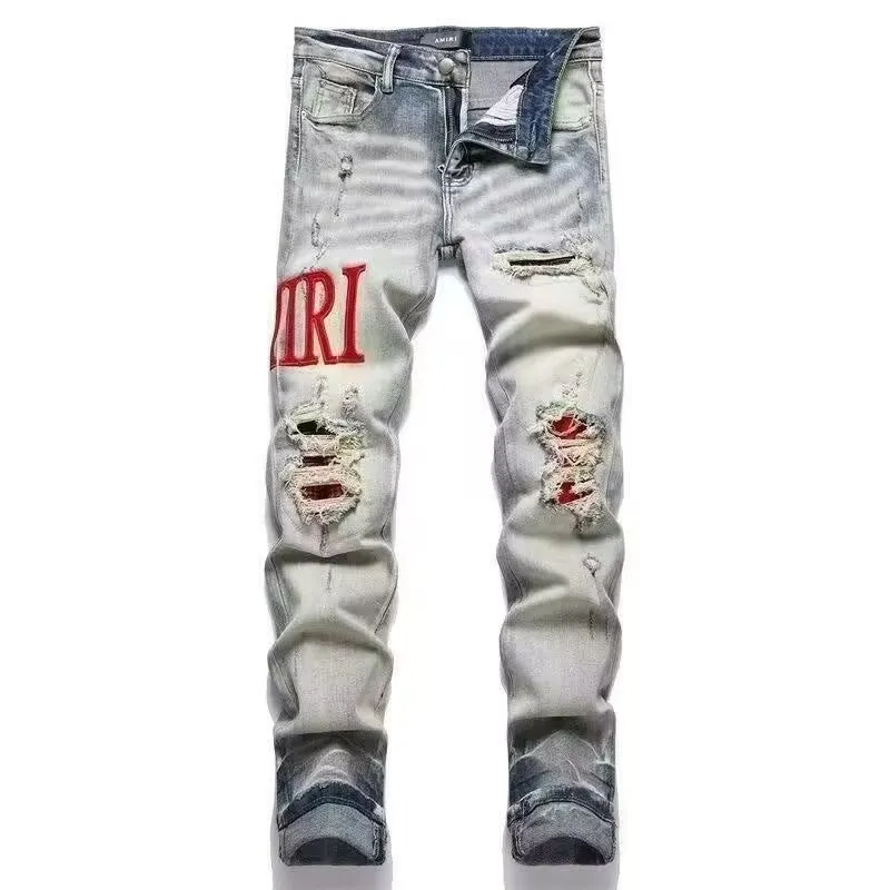#M07 P168💰 AMIRI patch embroidery jeans trousers AMIRI high street basic ripped tight elastic jeans trousers amiri brand jeans break the production process and cutting of the original jeans, the fabrics are softer and more comfortable Hand-sewn collar label Customized logo buttons Genuine leather tag Color: Picture color Size: 30-32-34-36