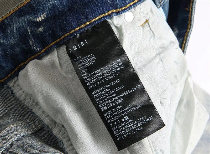 #M07 P168💰 AMIRI patch embroidery jeans trousers AMIRI high street basic ripped tight elastic jeans trousers amiri brand jeans break the production process and cutting of the original jeans, the fabrics are softer and more comfortable Hand-sewn collar label Customized logo buttons Genuine leather tag Color: Picture color Size: 30-32-34-36