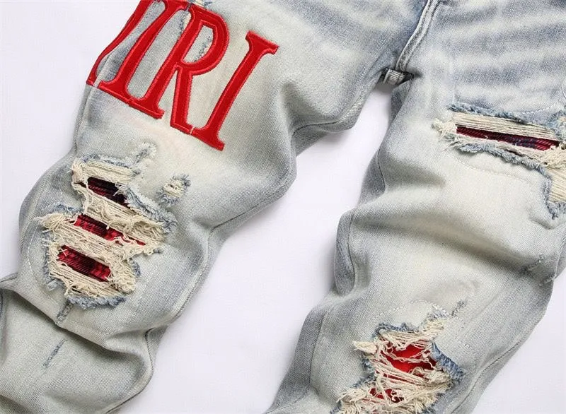 #M07 P168💰 AMIRI patch embroidery jeans trousers AMIRI high street basic ripped tight elastic jeans trousers amiri brand jeans break the production process and cutting of the original jeans, the fabrics are softer and more comfortable Hand-sewn collar label Customized logo buttons Genuine leather tag Color: Picture color Size: 30-32-34-36