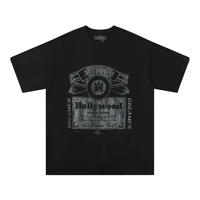 Style number: 726 P126 Fabric: 260g double yarn AMIRI 2025 spring and summer new logo round neck T-shirt high street men and women loose classic lettering silver short sleeves Color: black. White Size: S M L XL
