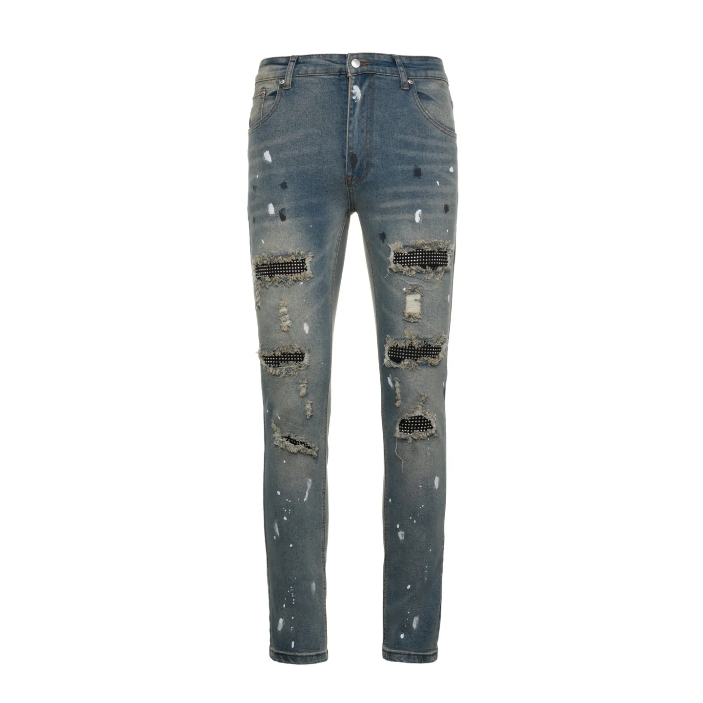 P220 running volume) AMIRI, a trendy brand originating from Los Angeles, was founded by Mike Amiri, who was deeply influenced by street culture and Punk Rock. Its clothing styles are novel and unique, meeting the needs of different fashion players, especially jeans, which are of excellent quality and have been worn by many celebrities. Breaking the traditional production process and cutting, the fabric is soft and skin-friendly, and the details include wrinkles, bullet holes, damage and other designs, making it full of trend. Today I brought you these high street slim jeans with splashes of ink, hot diamonds, white diamonds and washed distressed holes. They are the same style worn by many internet celebrities in Xiaohongshu. Carefully processed by a large washing factory in Ningbo, the front, back, and trouser legs are perfectly faded, giving you a sense of high-end. The destroyed design of the knee part is matched with patchwork leather, which is full of personality. The leather waist nameplate shows the quality, and the custom-made crotch placket hardware is also engraved and molded. The essence of this pair of pants is to destroy the shape and pattern. The master manually frays, cuts and cuts the pants later, which is completely different from the assembly line products. Style number: 1708# Size: 28 (S), 30 (M), 32 (L), 34 (XL)