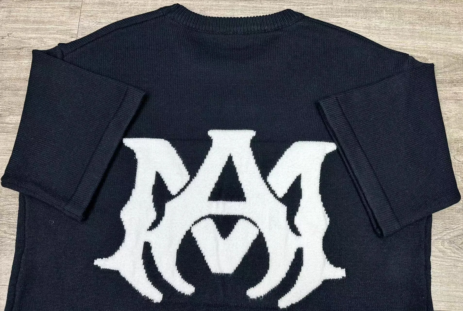 P190 🎉AMIRI new short-sleeved sweater, letter jacquard on the chest, exclusive large logo jacquard on the back, color: gray black number: S M L XL XXL
