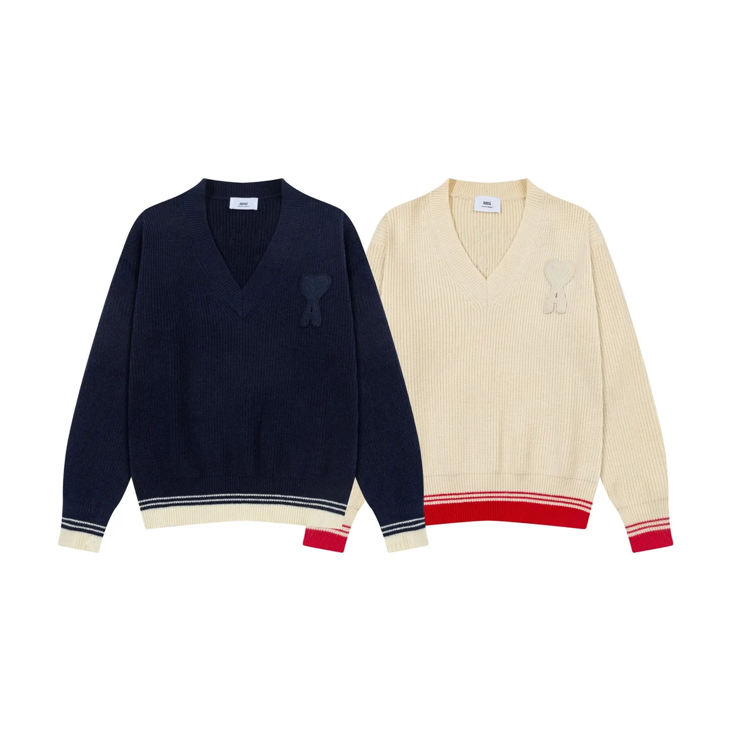 A8185# AMI Paris 2025 new autumn and winter woven ADC striped V-neck pullover long-sleeved love text logo sheep knitted sweater jacket 800G high weight Oversize version same style for men and women Color: Baolan Apricot Size: S-XL