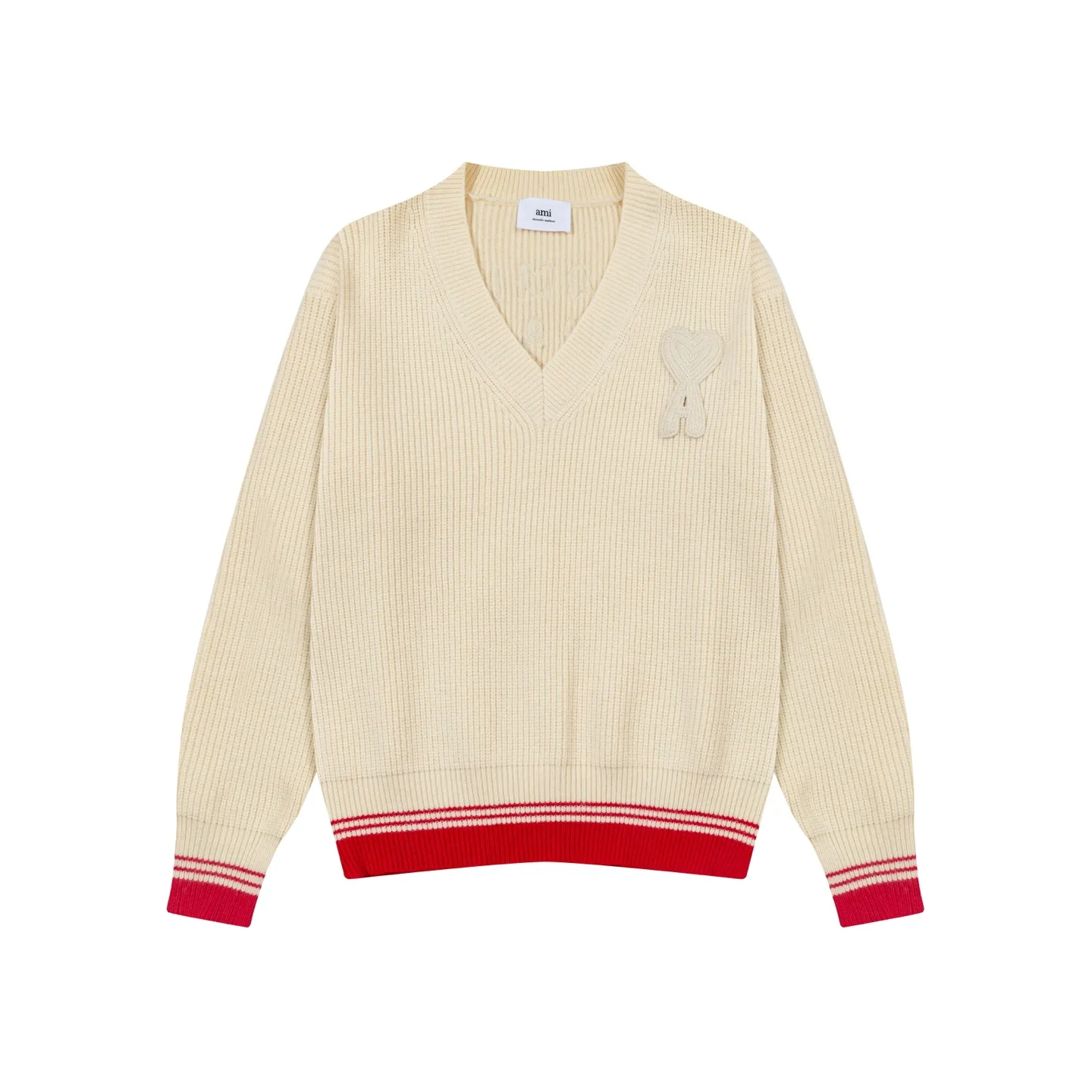 A8185# AMI Paris 2025 new autumn and winter woven ADC striped V-neck pullover long-sleeved love text logo sheep knitted sweater jacket 800G high weight Oversize version same style for men and women Color: Baolan Apricot Size: S-XL