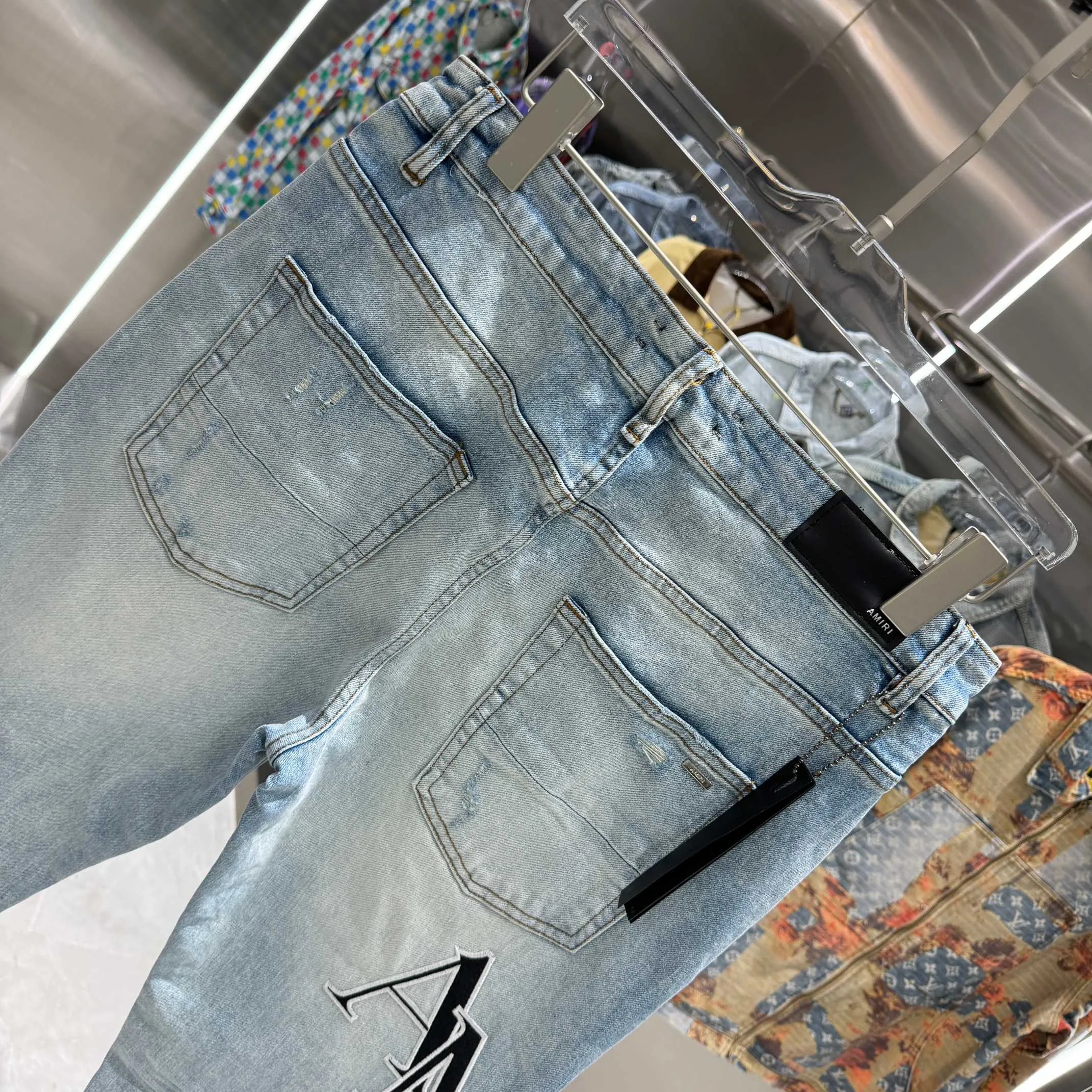 P290 Amiri letter embroidery craft street fashion slim fit stretch jeans color blue size 30 32 34 36 38