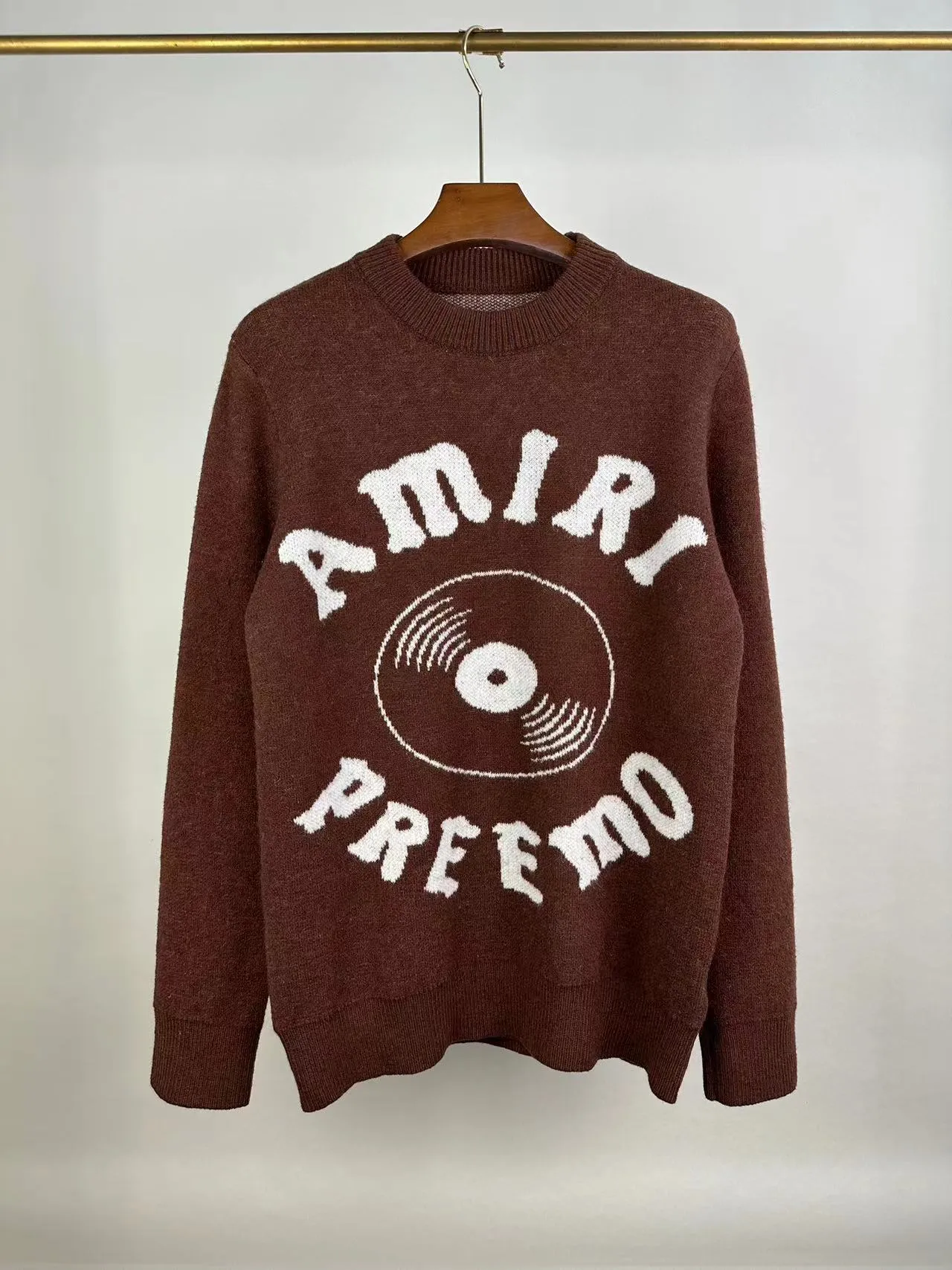 P240 🎉🎉AMIRI autumn and winter new style, partial jacquard letter logo on the front, European and American style sweater, color: fluorescent green, brown, black, size: S M L XL XXL