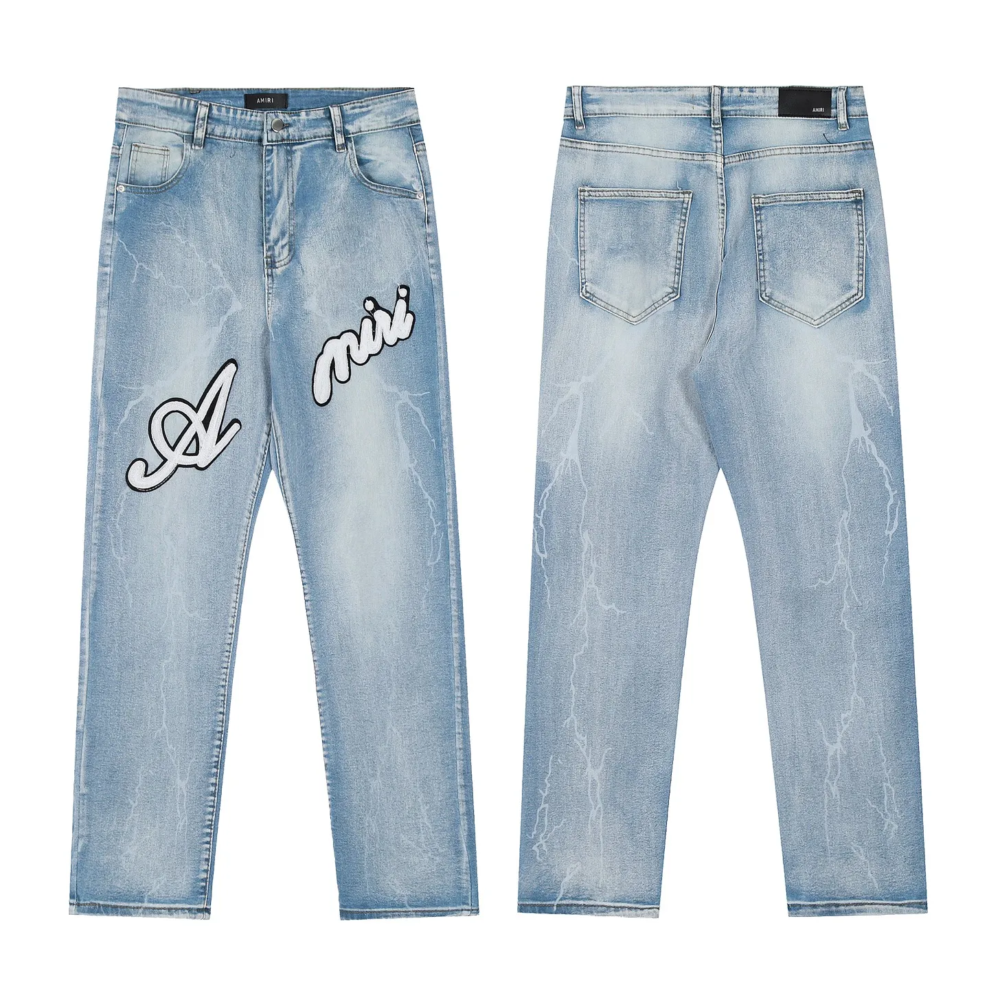 #M09 P168💰 AMIRI patch embroidery jeans trousers AMIRI high street basic ripped tight elastic jeans trousers amiri brand jeans break the production process and cutting of the original jeans, the fabrics are softer and more comfortable Hand-sewn collar label Customized logo buttons Genuine leather tag Color: blue Size: 30-32-34-36