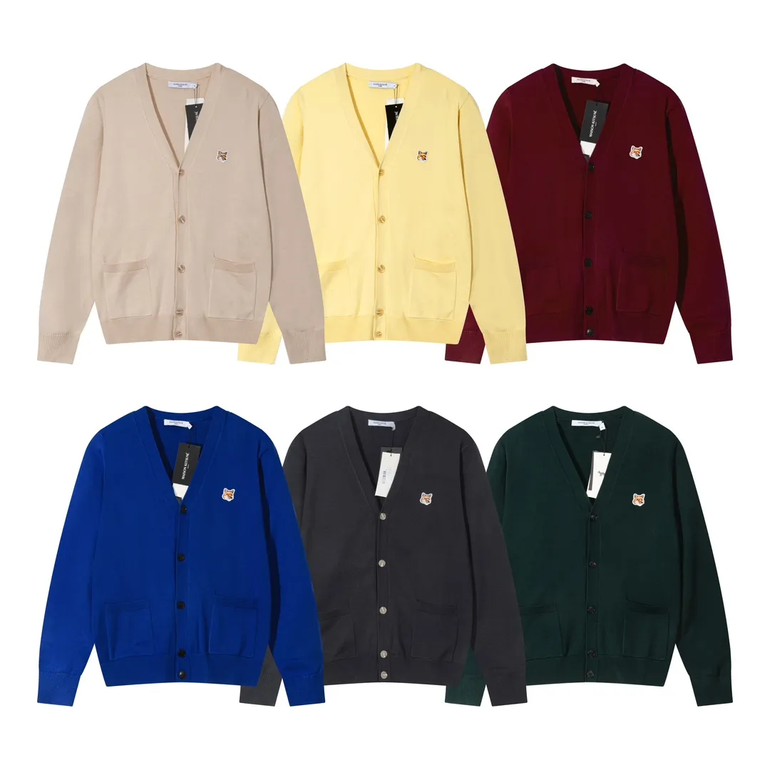 P200 A081# MAISON KITSUNE 2023 New Autumn and Winter Classic Fox Head Embroidered V-neck Cardigan Jacket Sweater Same Style for Men and Women Color: Anthracite Yellow Beige Colorful Blue Dark Green Burgundy Size: S-XL