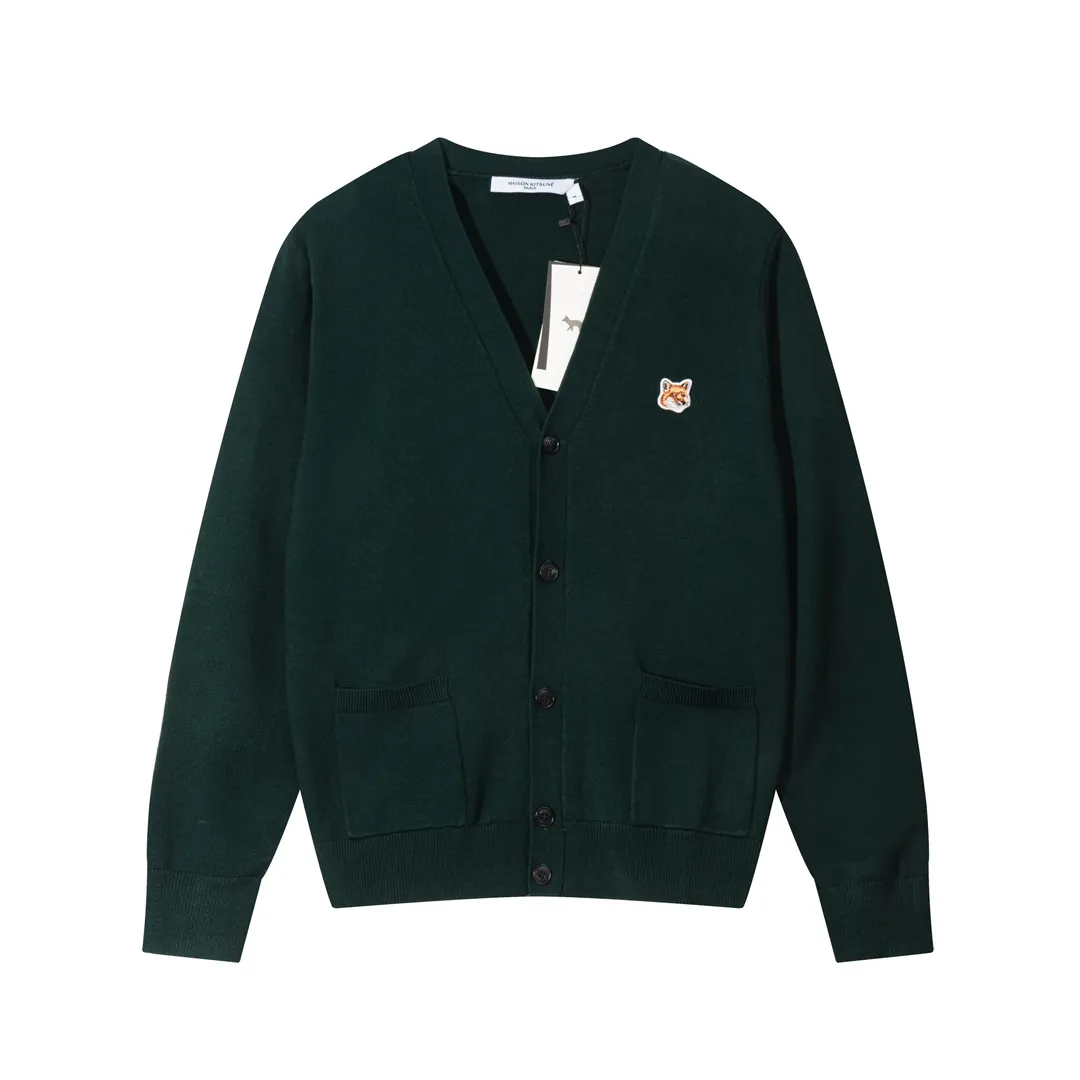 P200 A081# MAISON KITSUNE 2023 New Autumn and Winter Classic Fox Head Embroidered V-neck Cardigan Jacket Sweater Same Style for Men and Women Color: Anthracite Yellow Beige Colorful Blue Dark Green Burgundy Size: S-XL