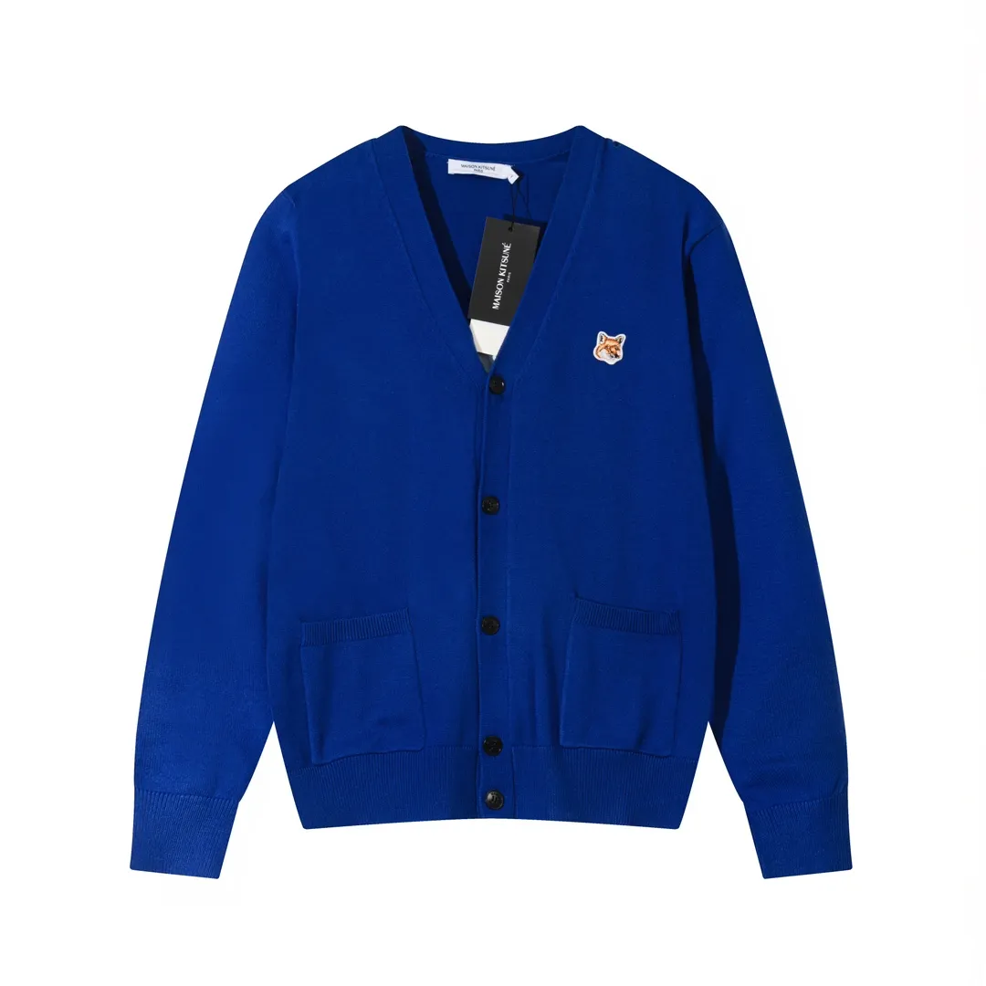 P200 A081# MAISON KITSUNE 2023 New Autumn and Winter Classic Fox Head Embroidered V-neck Cardigan Jacket Sweater Same Style for Men and Women Color: Anthracite Yellow Beige Colorful Blue Dark Green Burgundy Size: S-XL