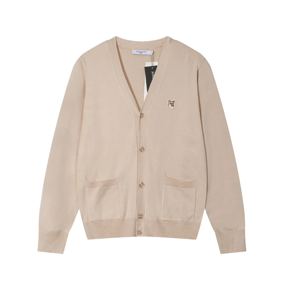 P200 A081# MAISON KITSUNE 2023 New Autumn and Winter Classic Fox Head Embroidered V-neck Cardigan Jacket Sweater Same Style for Men and Women Color: Anthracite Yellow Beige Colorful Blue Dark Green Burgundy Size: S-XL
