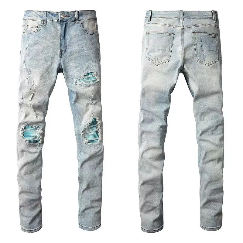 #M68 P168💰 AMIRI patch embroidery jeans trousers AMIRI high street basic ripped tight elastic jeans trousers amiri brand jeans break the production process and cutting of the original jeans, the fabrics are softer and more comfortable Hand-sewn collar label Customized logo buttons Genuine leather tag Color: Picture color Size: 30-32-34-36