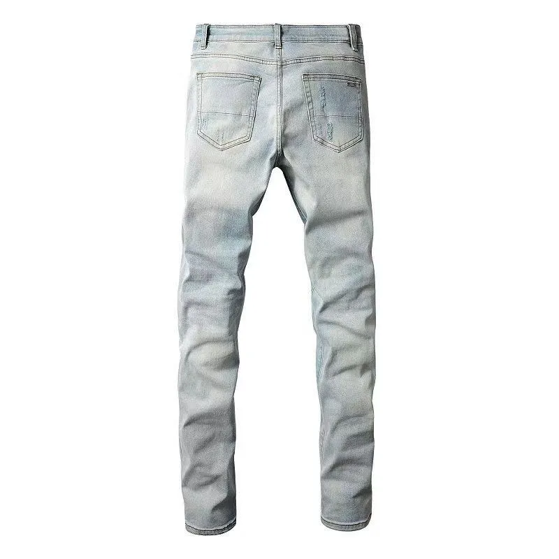 #M68 P168💰 AMIRI patch embroidery jeans trousers AMIRI high street basic ripped tight elastic jeans trousers amiri brand jeans break the production process and cutting of the original jeans, the fabrics are softer and more comfortable Hand-sewn collar label Customized logo buttons Genuine leather tag Color: Picture color Size: 30-32-34-36