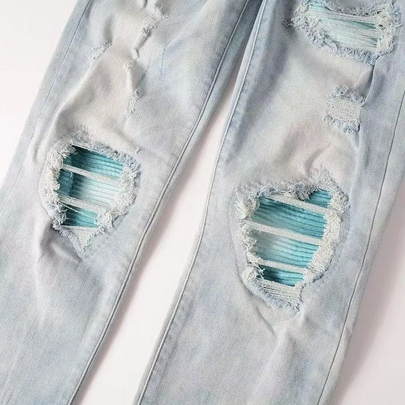 #M68 P168💰 AMIRI patch embroidery jeans trousers AMIRI high street basic ripped tight elastic jeans trousers amiri brand jeans break the production process and cutting of the original jeans, the fabrics are softer and more comfortable Hand-sewn collar label Customized logo buttons Genuine leather tag Color: Picture color Size: 30-32-34-36