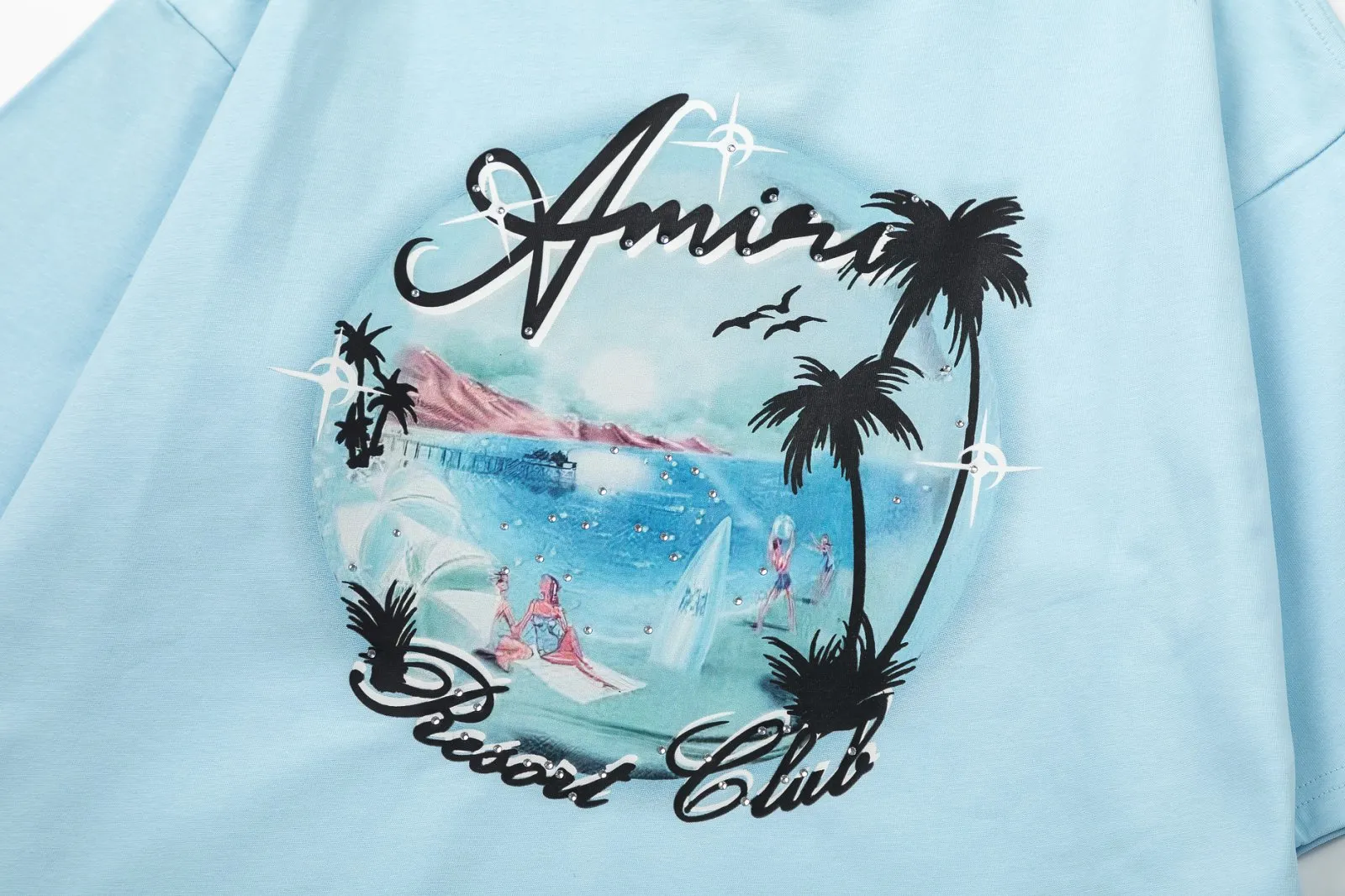 8018#P160amiri digitally printed hot diamond logo, made of 300g fabric, color: black, sky blue. Size: S M L XL
