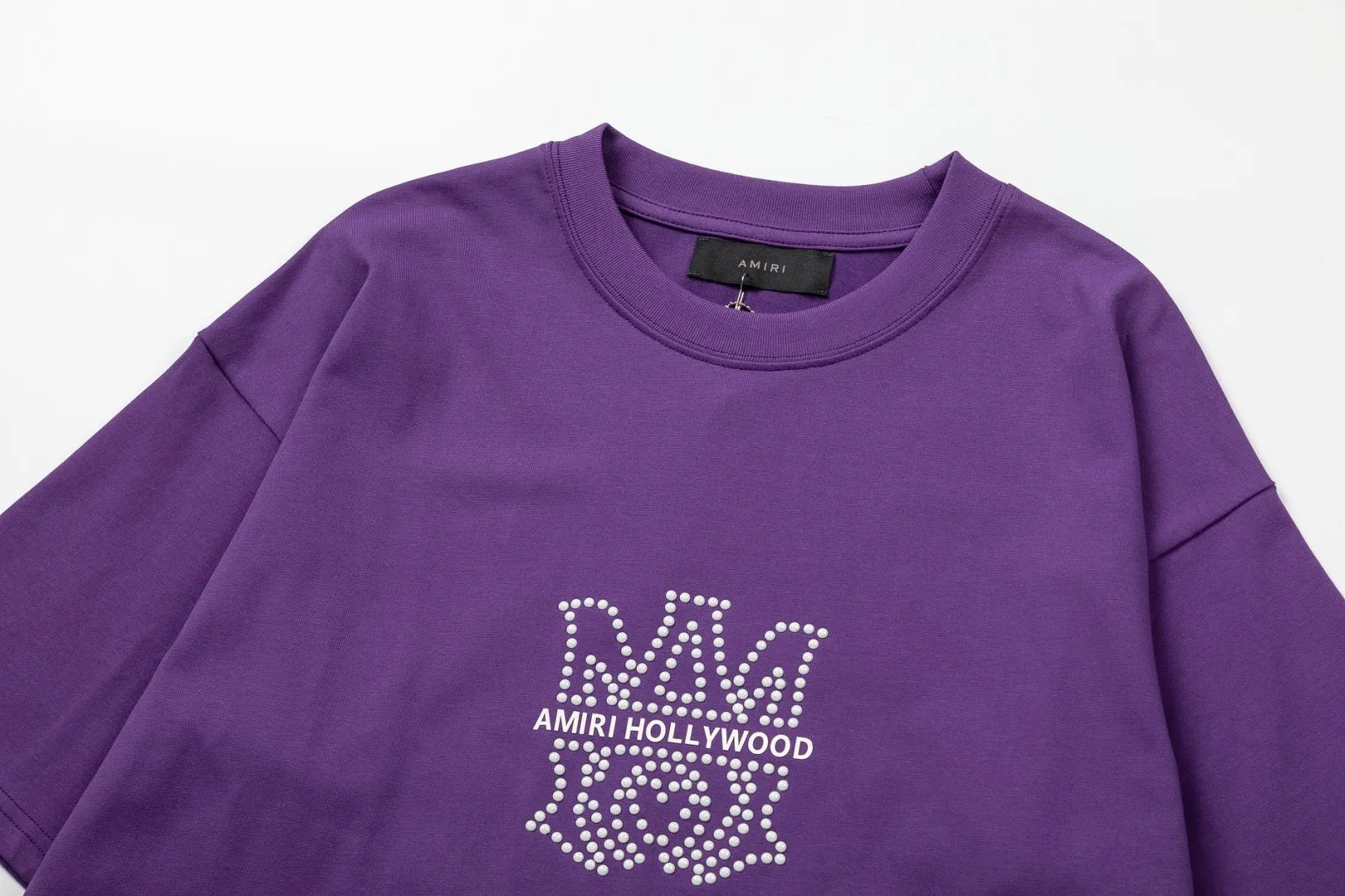 8025#P160amiri ceramic hot diamond logo, made of 300g heavy fabric, color: black, white, grape purple. Size: S M L XL