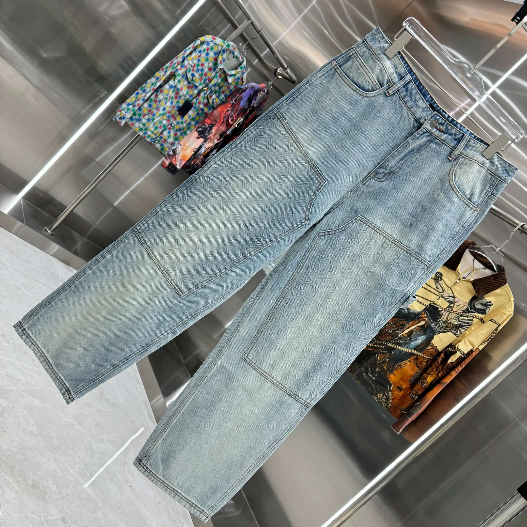 P250 Amiri Dark Pattern Jacquard Workwear Street Trend Loose Straight Jeans Color Light Blue Size 30 32 34 36
