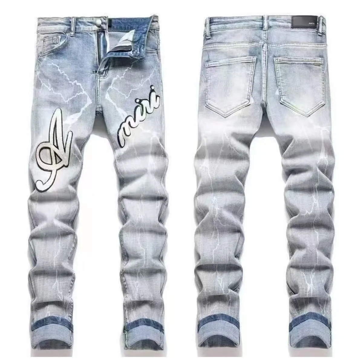 #M09 P168💰 AMIRI patch embroidery jeans trousers AMIRI high street basic ripped tight elastic jeans trousers amiri brand jeans break the production process and cutting of the original jeans, the fabrics are softer and more comfortable Hand-sewn collar label Customized logo buttons Genuine leather tag Color: blue Size: 30-32-34-36