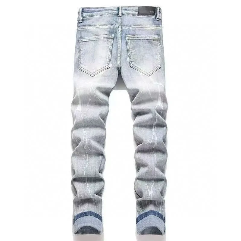 #M09 P168💰 AMIRI patch embroidery jeans trousers AMIRI high street basic ripped tight elastic jeans trousers amiri brand jeans break the production process and cutting of the original jeans, the fabrics are softer and more comfortable Hand-sewn collar label Customized logo buttons Genuine leather tag Color: blue Size: 30-32-34-36