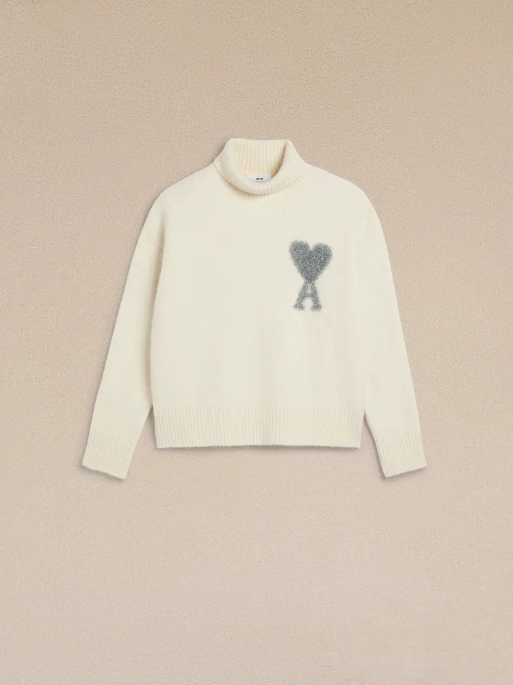 A8149# [Christmas Capsule Series] AMI Paris 2023 autumn and winter new silver big heart alpaca blended soft and waxy knitted turtleneck sweater Oversize version Uniform style for men and women Color: off-white Size: S-XL