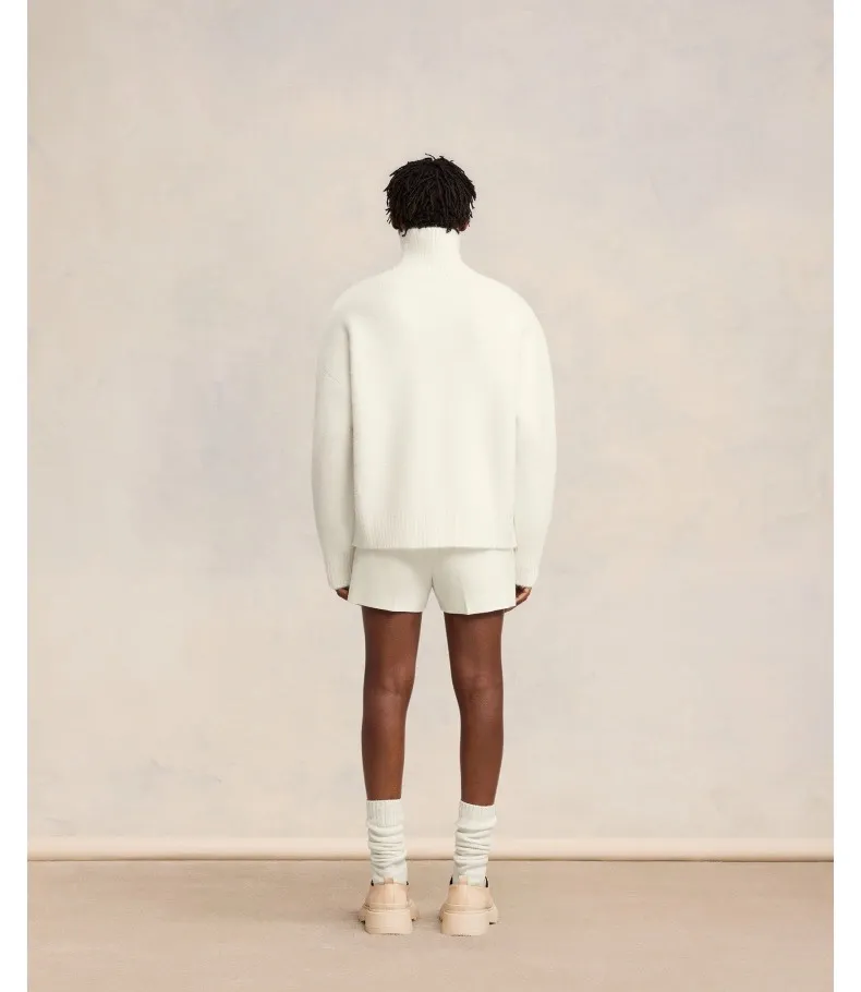 A8149# [Christmas Capsule Series] AMI Paris 2023 autumn and winter new silver big heart alpaca blended soft and waxy knitted turtleneck sweater Oversize version Uniform style for men and women Color: off-white Size: S-XL