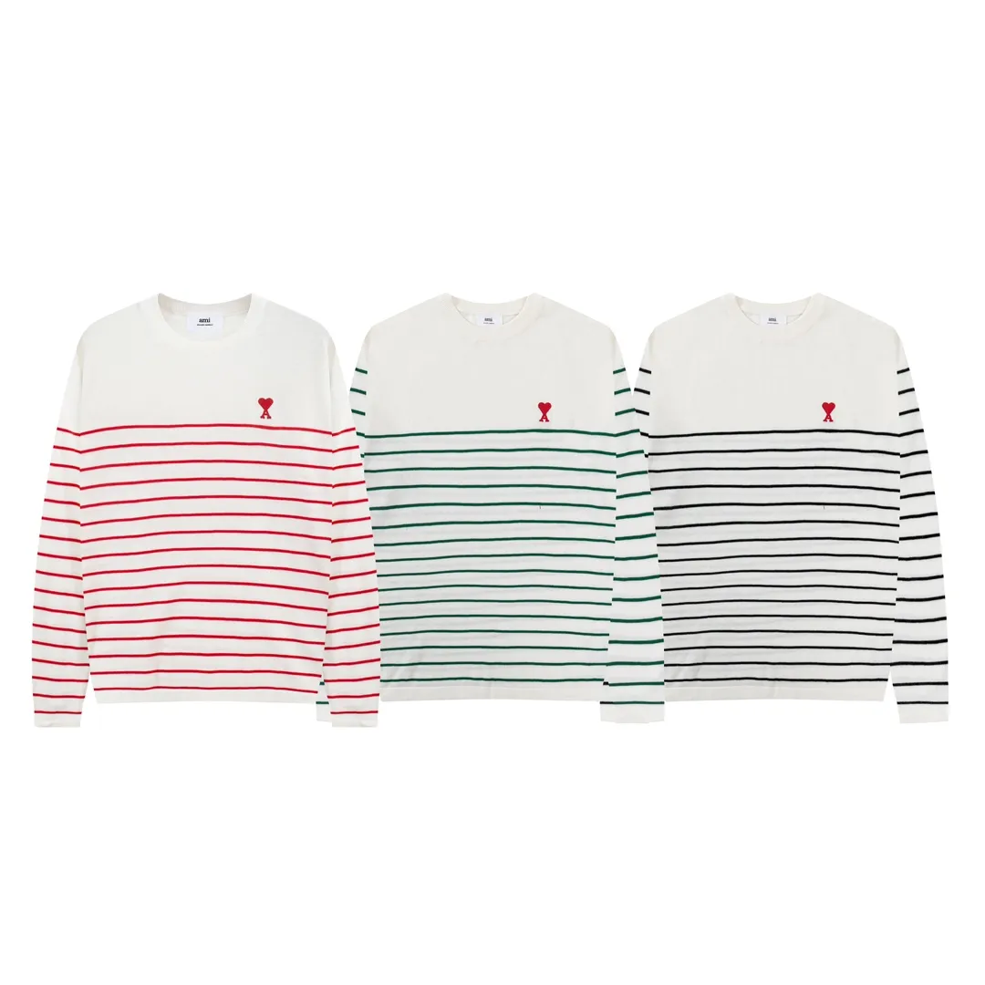 A35#Ami Paris 2022 spring and summer new Ami de Coeur red love striped knitted long-sleeved T-shirt for men and women Color: White Black White Green Size: S-XL