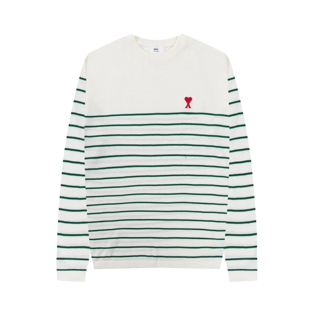 A35#Ami Paris 2022 spring and summer new Ami de Coeur red love striped knitted long-sleeved T-shirt for men and women Color: White Black White Green Size: S-XL