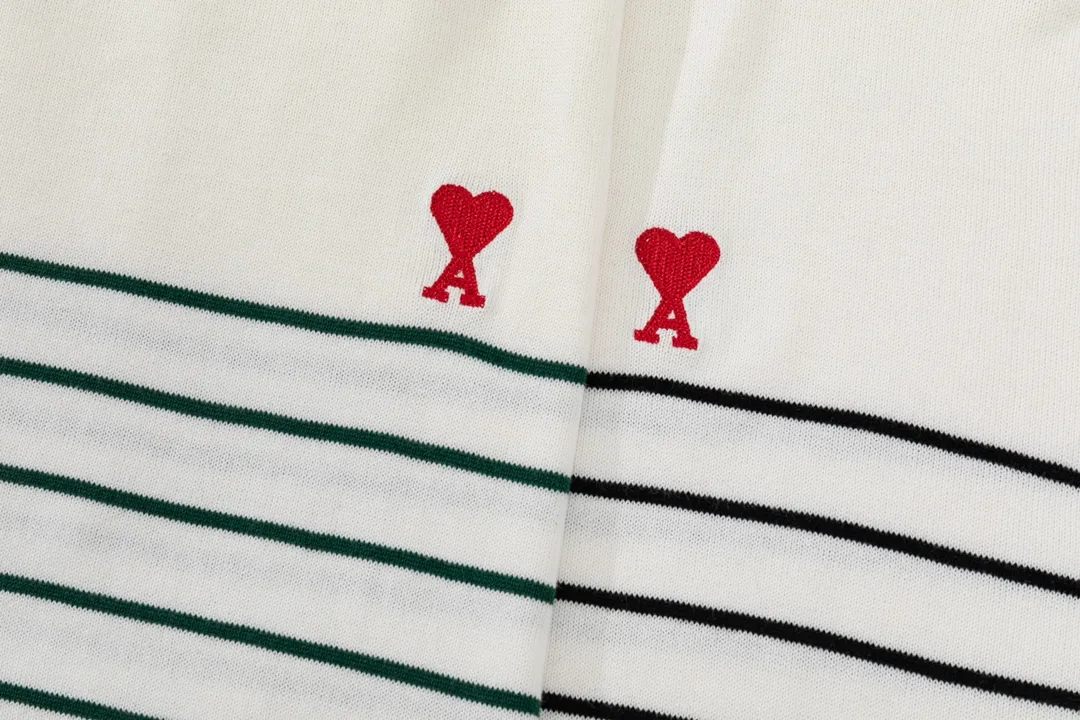 A35#Ami Paris 2022 spring and summer new Ami de Coeur red love striped knitted long-sleeved T-shirt for men and women Color: White Black White Green Size: S-XL
