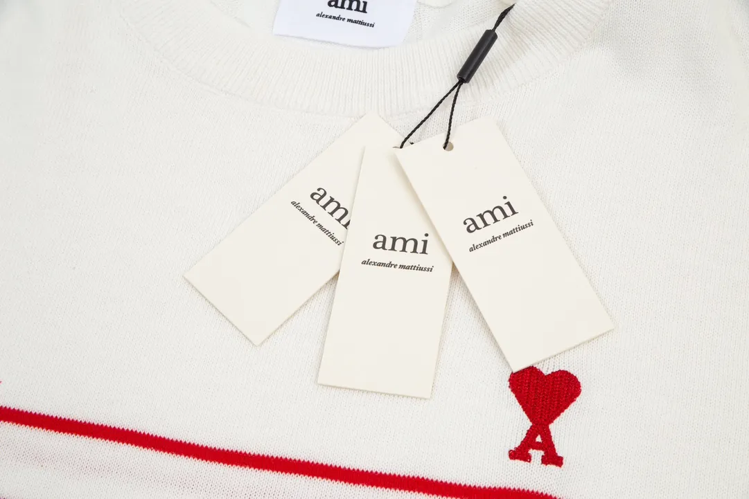 A35#Ami Paris 2022 spring and summer new Ami de Coeur red love striped knitted long-sleeved T-shirt for men and women Color: White Black White Green Size: S-XL