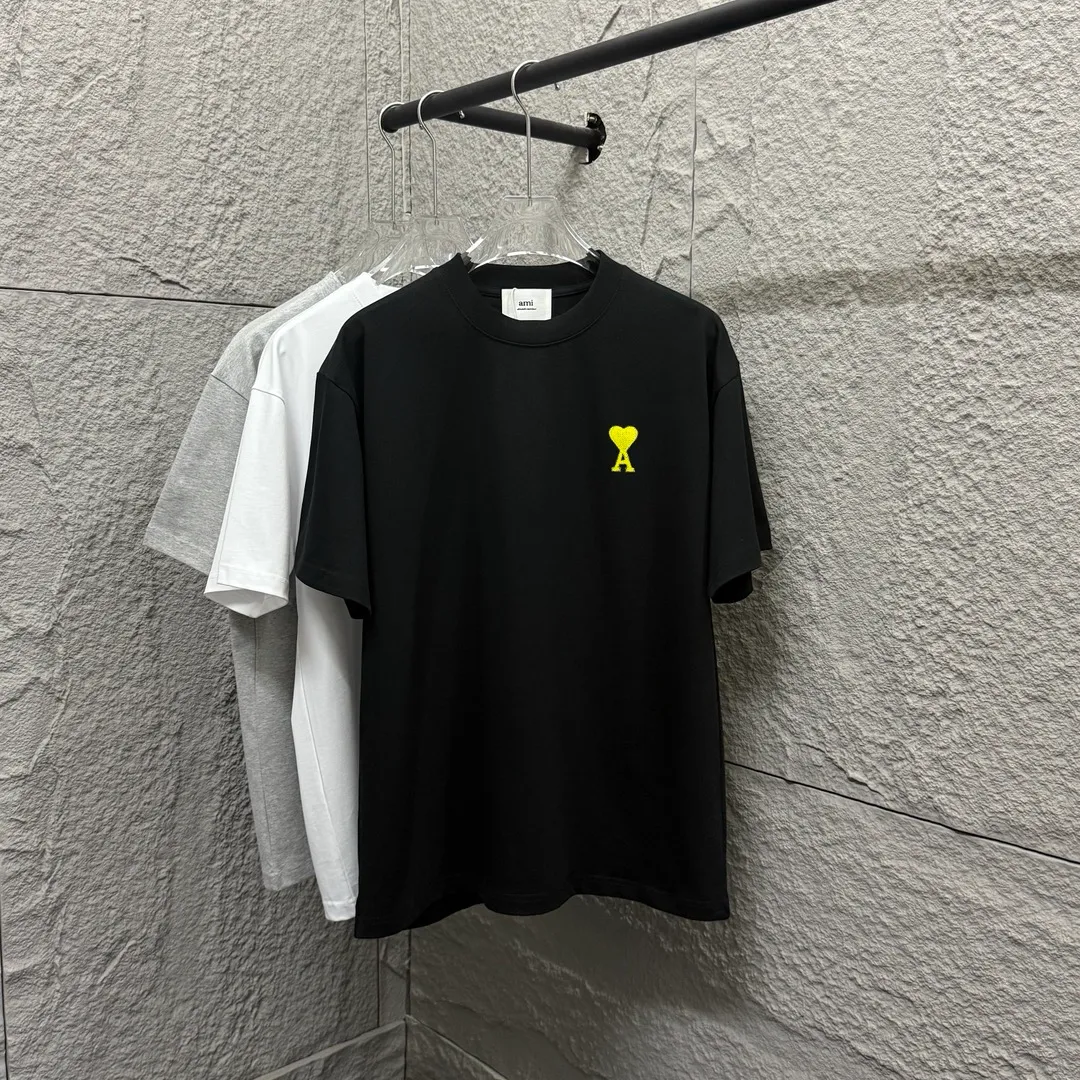 🅿️180 Ami* 2025 Spring and Summer New Style Embroidered yellow little love Customized double yarn plain cotton fabric Short-sleeved T-shirt Uniform for men and women Color: Black White Floral Gray Angora Red Size: S (90-130 catties) M (120-150 catties) L (140-165 catties) XL (160-180 catties) XXL (180-210 pounds)