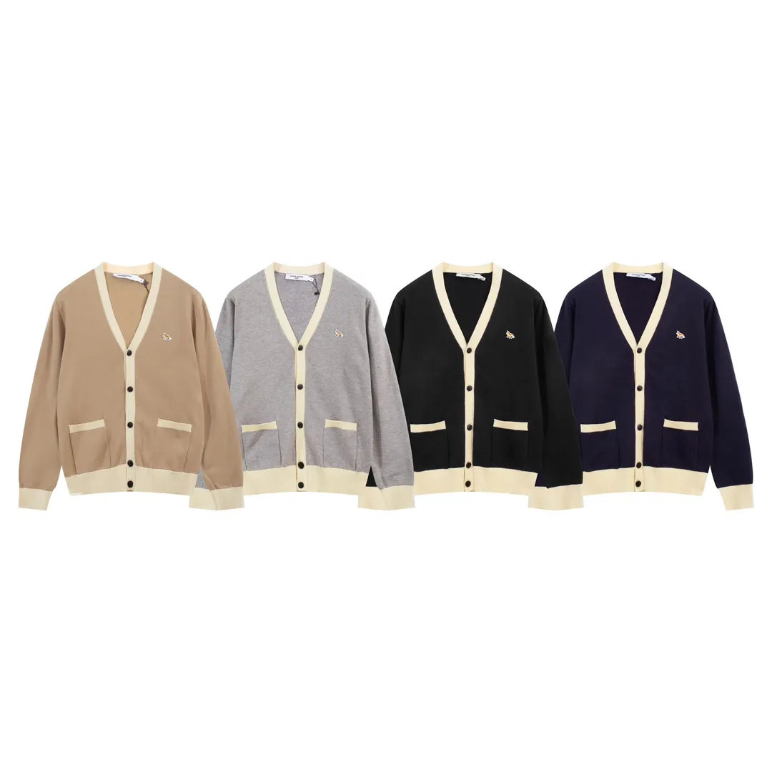 P200 A089# MAISON KITSUNE 2023 new autumn and winter classic little fox embroidered V-neck cardigan jacket sweater, same style for men and women Color: black gray light brown Baolan Size: S-XL
