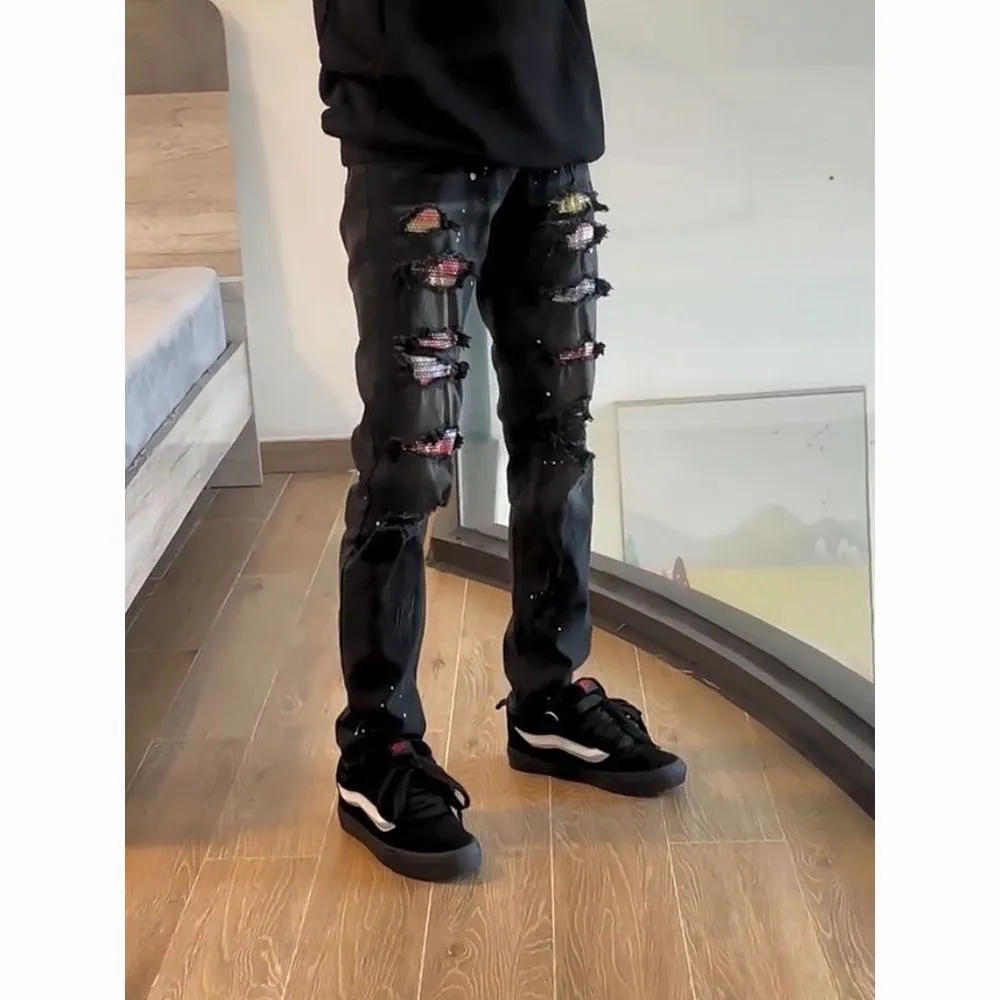 #M64 P168💰 AMIRI patch embroidery jeans trousers AMIRI high street basic ripped tight elastic jeans trousers amiri brand jeans break the production process and cutting of the original jeans, the fabrics are softer and more comfortable Hand-sewn collar label Customized logo buttons Genuine leather tag Color: Picture color Size: 30-32-34-36