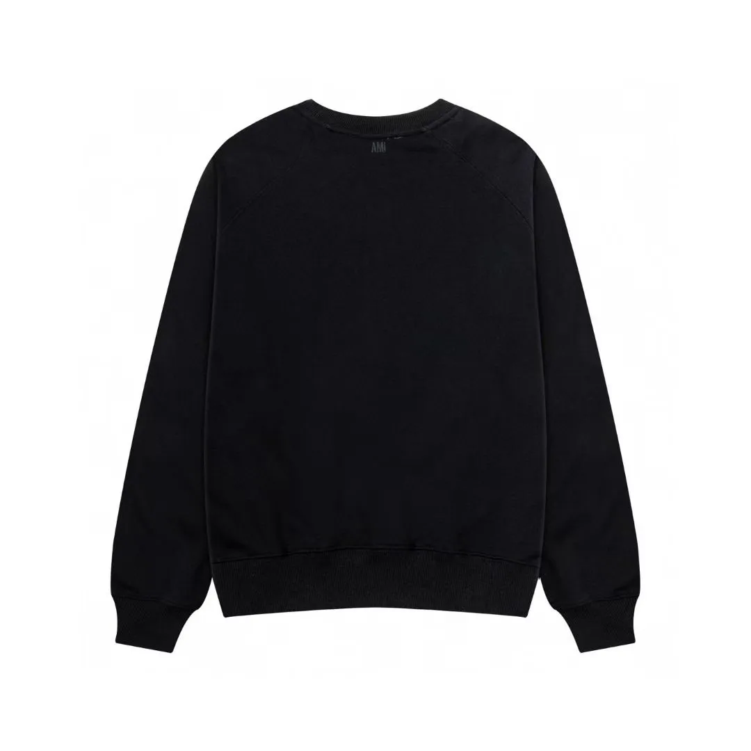 681# AMI PARIS 2025 [New products for autumn and winter] Towel embroidered with big love heart Towel embroidered raglan Round neck pullover sweatshirt Customized 360g pure cotton fabric YP replica New main wheat Washable wheat QR code can be scanned Same style for men and women Color: black Size: S-XL